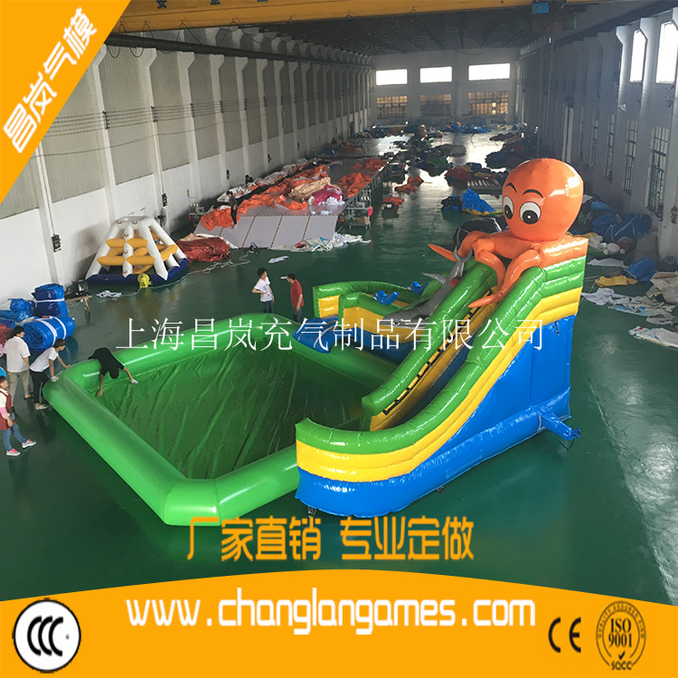 廠(chǎng)家熱銷(xiāo)氣模章魚(yú)滑梯水池組合兒童充氣游泳池海豚八爪魚(yú)滑滑梯定做出口 inflatable water slide with pool air game for kids